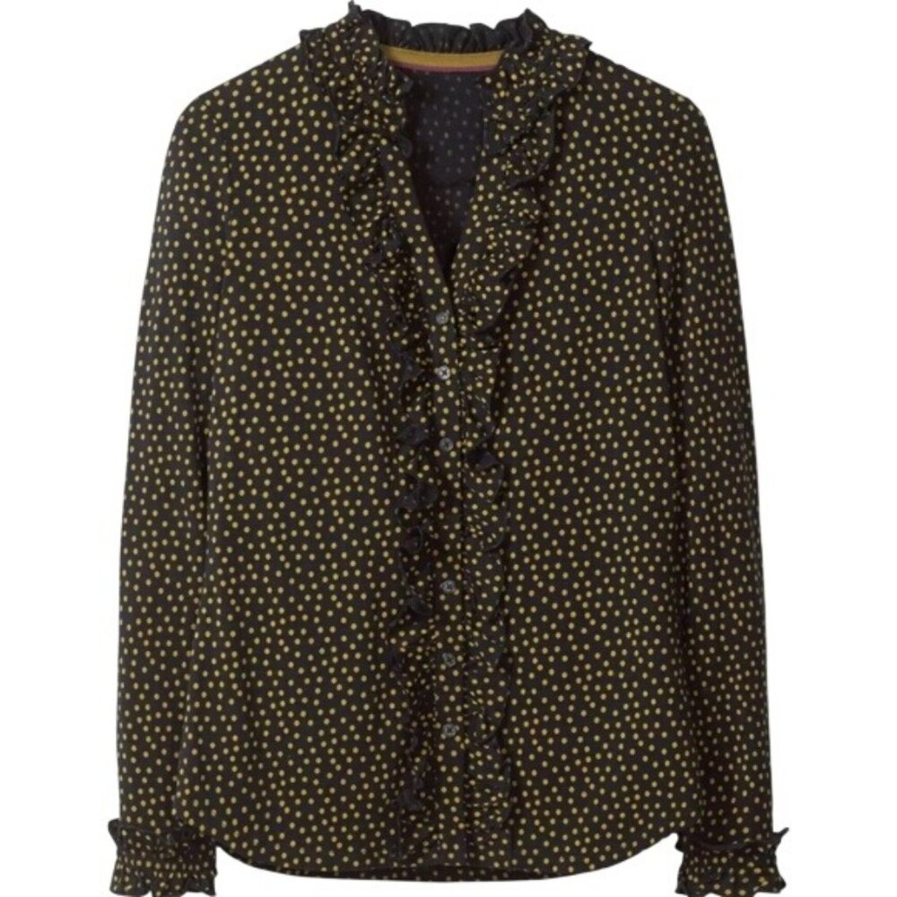Boden Alberta Ruffle Long Sleeve Button Down Top Size 2 Office Career Polka Dot